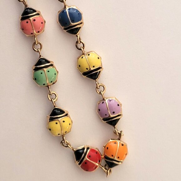 Lady Bug Multicolor Puffy Enamel Bracelet 10k Yellow Gold - Picture 1 of 13
